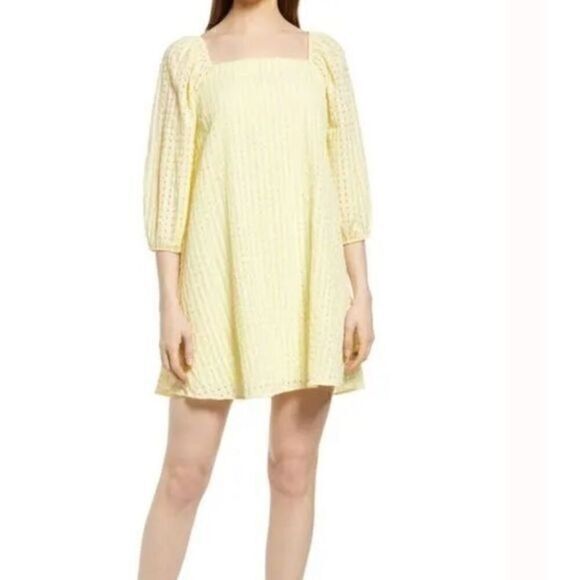 New Vero Moda Nordstrom Kamryn Check Square Neck Minidress Lemon Yellow M NWOT - Picture 1 of 11